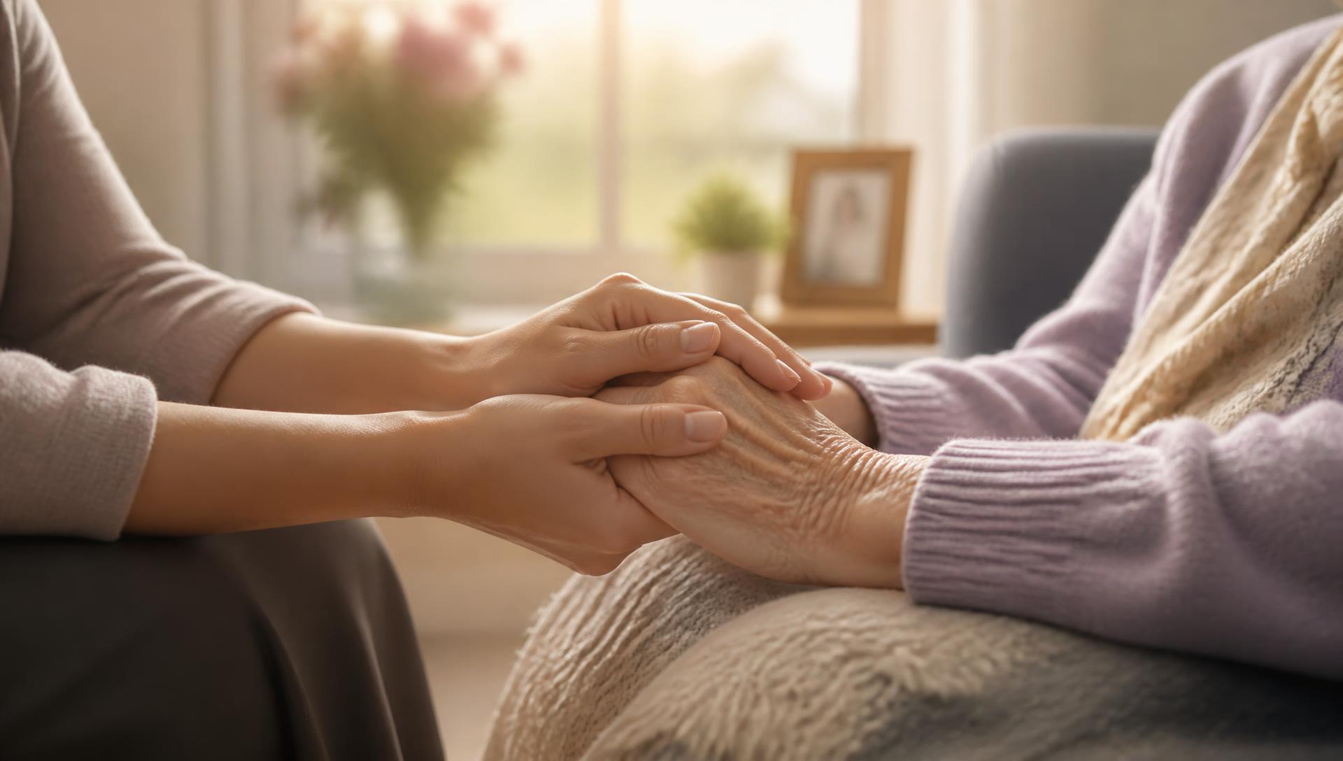 Mãos acolhendo com carinho as mãos de uma pessoa idosa em casa