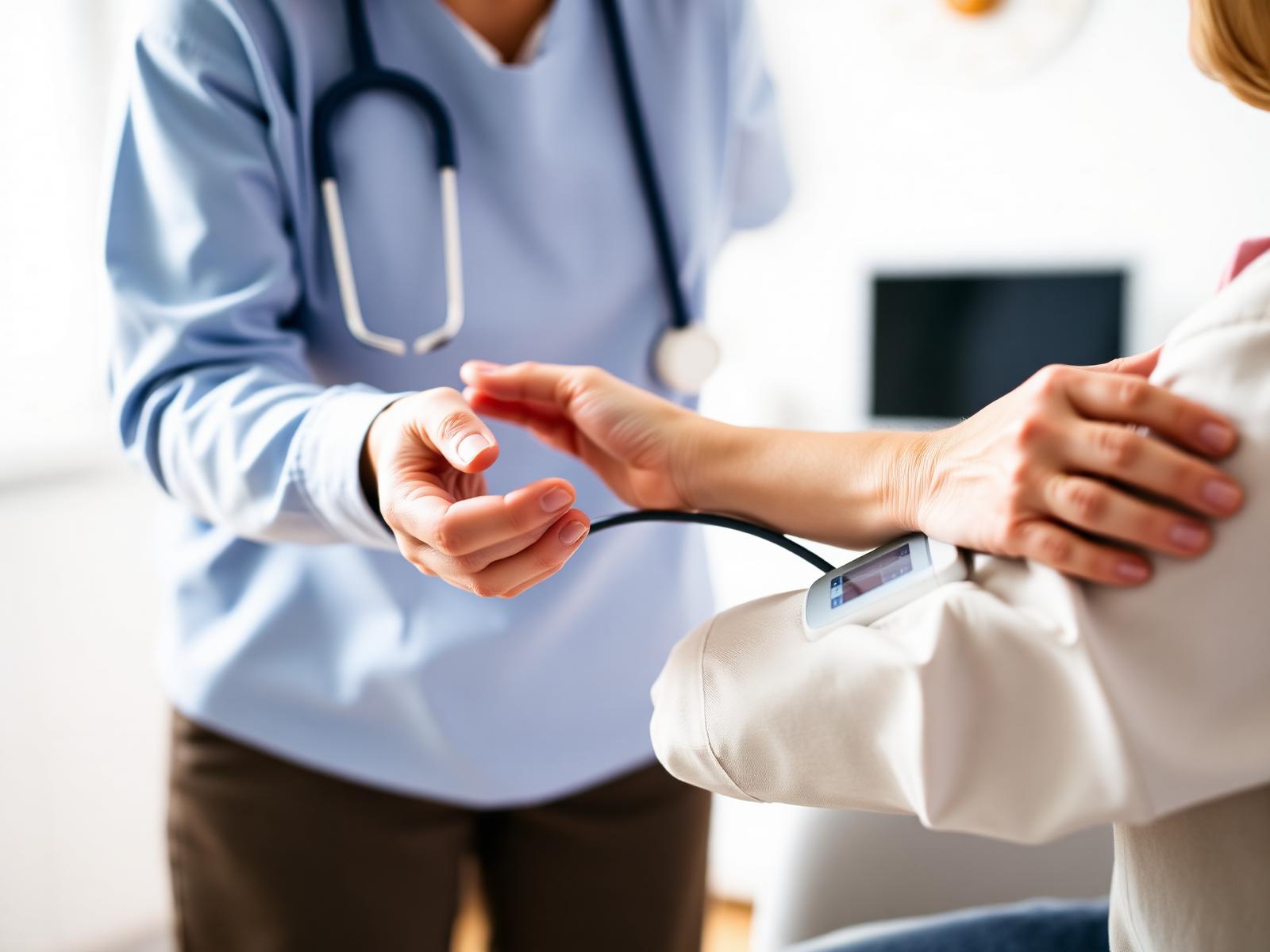 Profissional de saúde aferindo pressão arterial com cuidado
